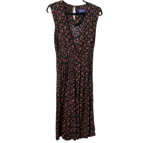 Vintage 90s Floral Jumpsuit Womens Her Rayon Black Pink Grunge Cottagecore - Picture 1 of 13